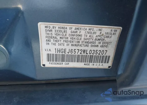 1998 Honda Civic Lx z USA, uszkodzony, nr VIN 1HGEJ6572WL035207